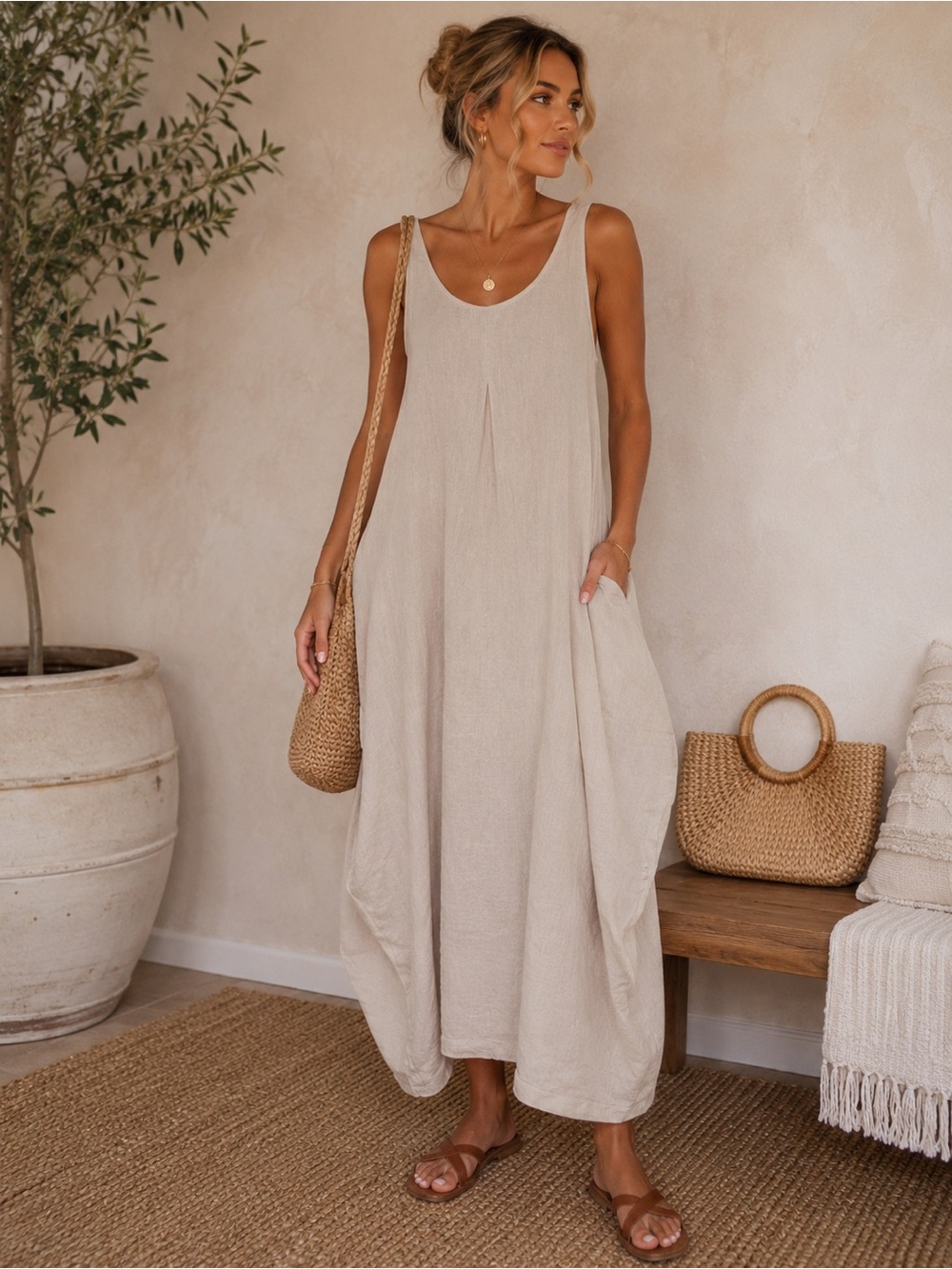Sleeveless Linen-Blend Maxi Dress in Beige